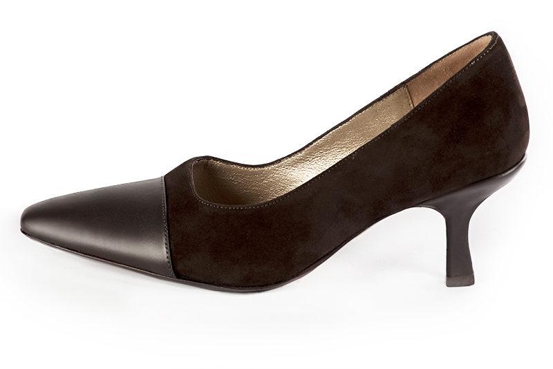 Satin black women's dress pumps,with a square neckline. Tapered toe. High spool heels. Profile view - Florence KOOIJMAN